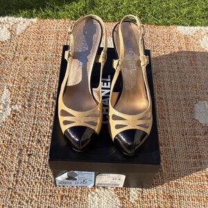 CHANEL Gold and Black Slingback Heels